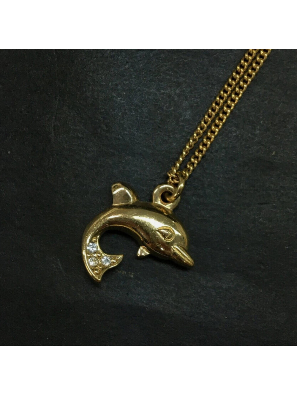 Vintage CHRISTIAN DIOR Necklace Dolphin with Rhinestone Tail! Gold Tone Pendant